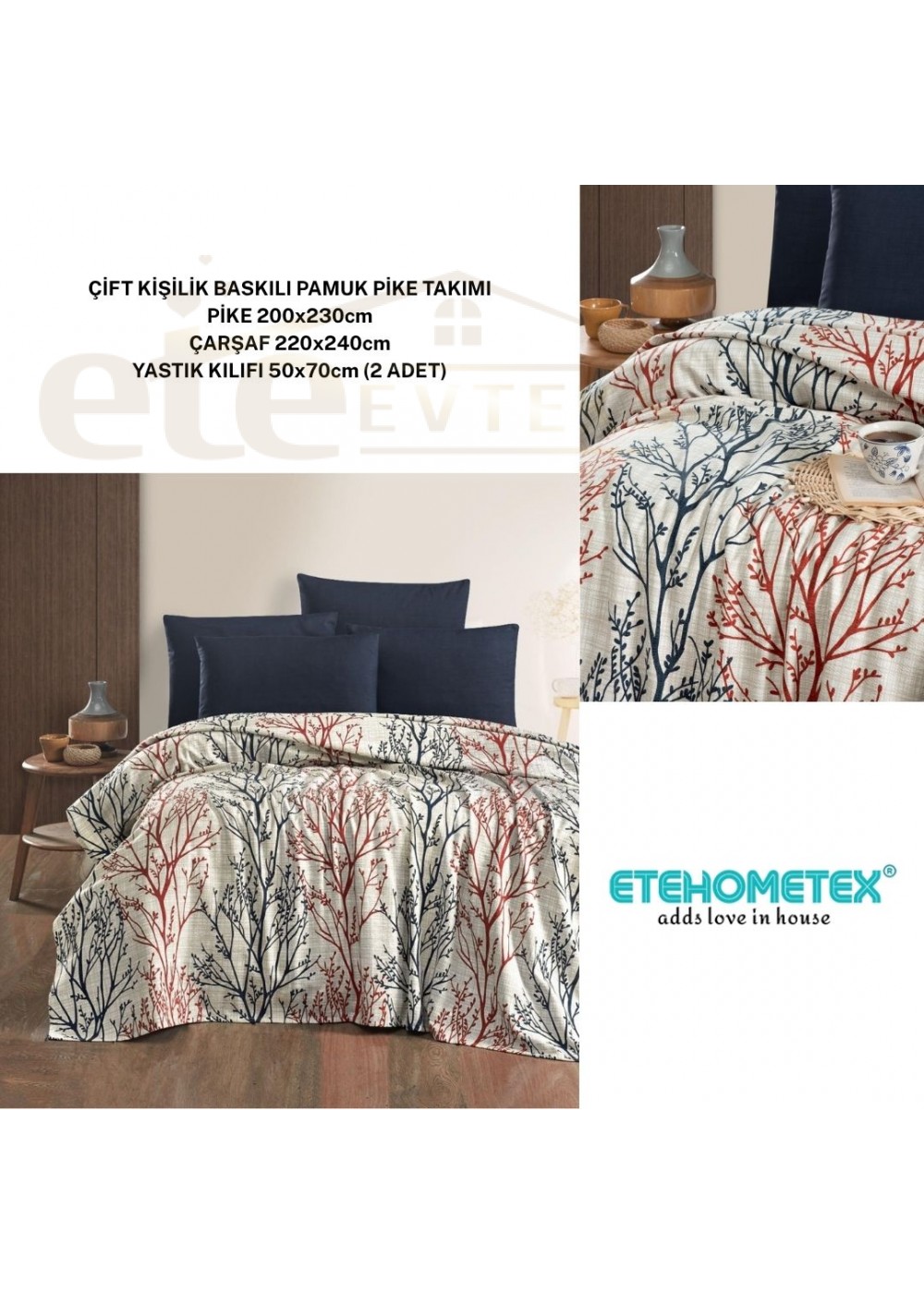 ETEHOMETEX ÇİFT KİŞİLİK BASKILI PAMUK PİKE TAKIMI LAYLA 8696474231925